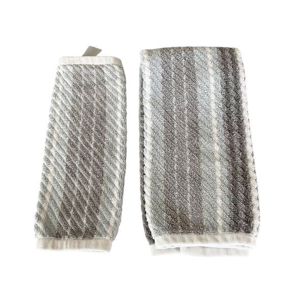 Bamboo Bathroom Hand Towels | One Hand Towels 1 Wash Cloth Striped Textured Gray - Picture 2 of 8